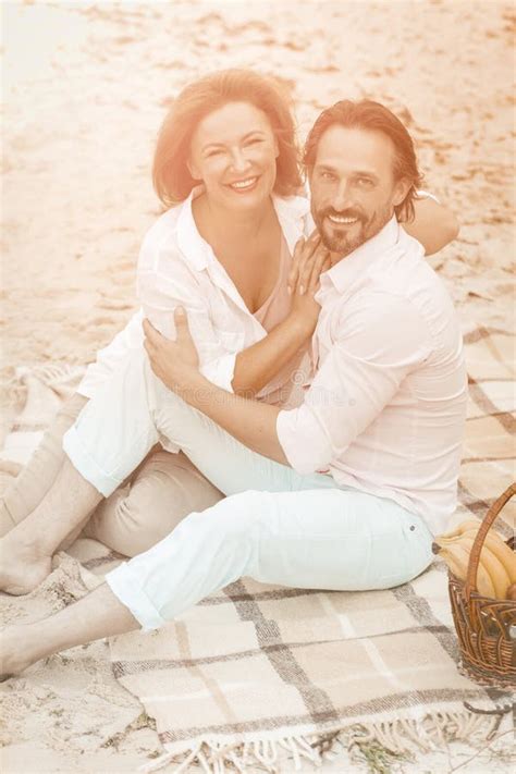 Handsome Couple Hug Resting at Sand Beach Together. Appy Caucasian Man ...