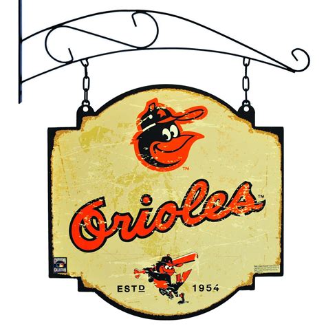 This 16" x 16" metal sign is printed on both sides with Baltimore Orioles logos and has been ...