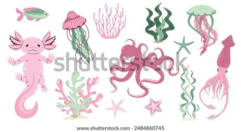 Set Hand Drawn Sea Creatures Inhabitants Stock Vector (Royalty Free ...