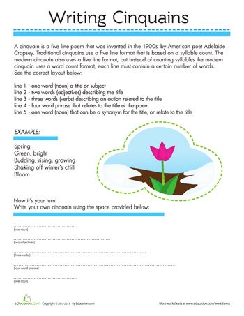 Writing a Cinquain Poem | Worksheet | Education.com | Cinquain poems, Cinquain, Homeschool writing