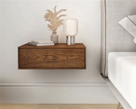 Solid Walnut Wood Floating Nightstand With Drawer Walnut Wood Hanging Bedside Table Scandinavian ...