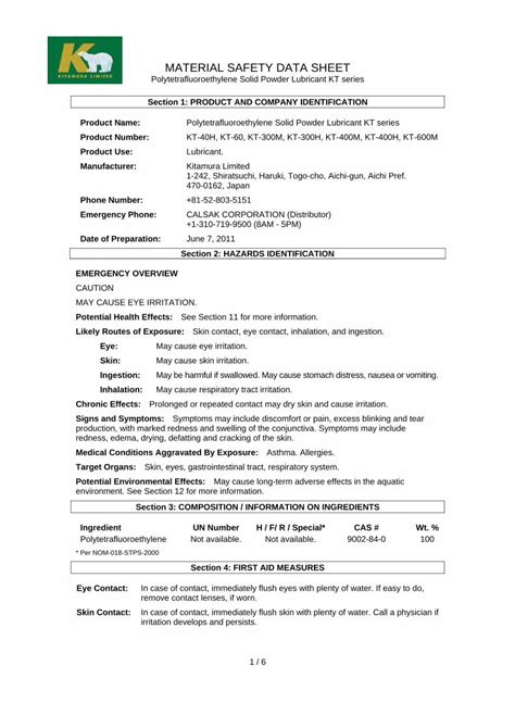 (PDF) MATERIAL SAFETY DATA SHEET - CALSAK SAFETY DATA SHEET Polytetrafluoroethylene Solid Powder ...