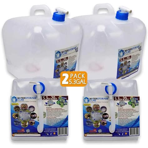 WaterStorageCube 2-Pack 5.3 Gallon BPA Free Collapsible Water Container with Spigot, Camping ...