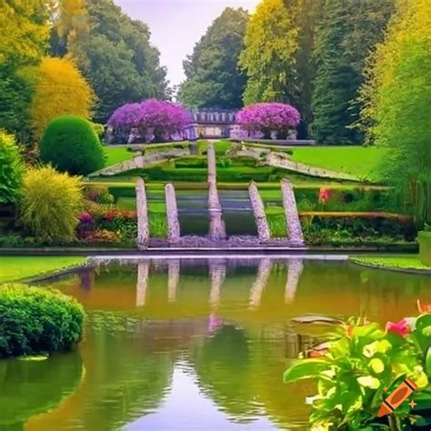 Vibrant garden landscape with blooming flowers and curved stairs on Craiyon