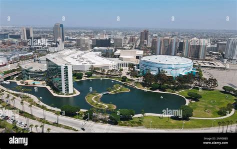 General overall view of the Long Beach Arena and Convention Center with the downtown skyline as ...