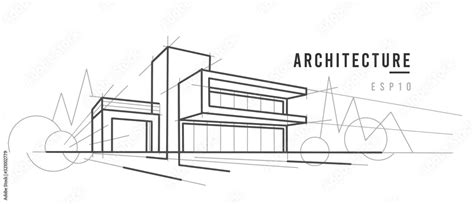 Modern architecture sketch. Line drawing. Vector, text outlined. Stock ...