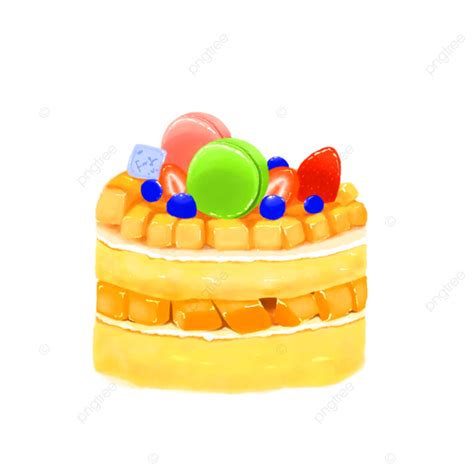 Original Mango Fruit Macaron Hand Drawn Cute Birthday Cake Cartoon, Yellow Cake, Birthday Cake ...