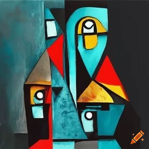 Monochromatic abstract artwork with grayscale, turquoise, blue, and fine black, red, and yellow ...