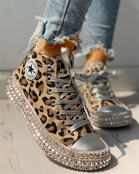 Shop Leopard Rivet Embellished Lace-Up Sneakers right now, get great deals at joyshoetique.co.uk ...