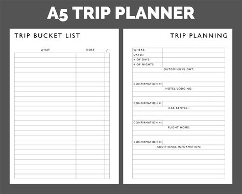 A5 TRIP VACATION TRAVEL Tracker Printable Pdf Planner Insert Flight ...