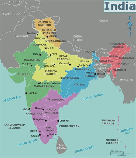 Map of India regions: political and state map of India