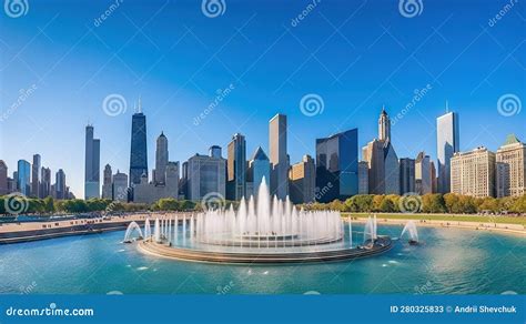 Skyline with Fountain at Grant Park, Chicago, Illinois, USA. Generative ...