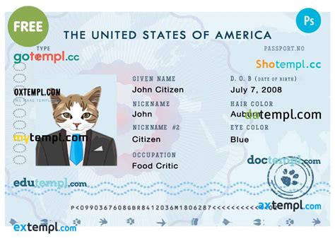 USA cat (animal, pet) electronic passport PSD template, fully editable - Datempl - ready ...