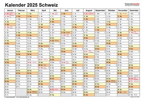 Kalender 2025 Schweiz zum Ausdrucken als PDF