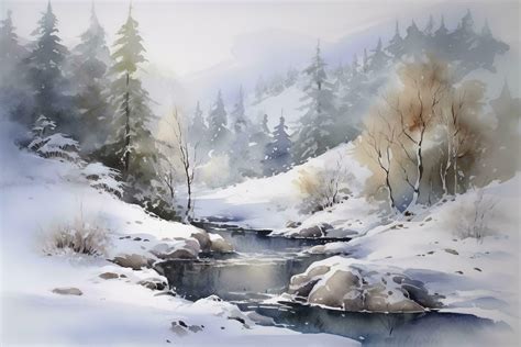 Paint a watercolor landscape of a winter scene, featuring a snow ...