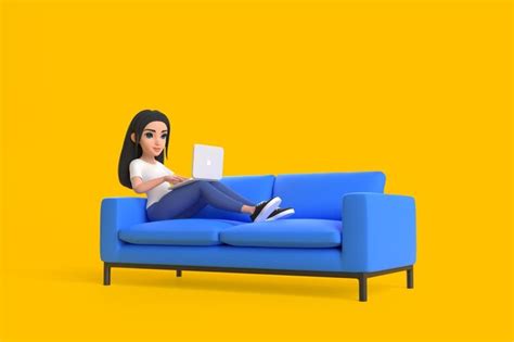 Premium Photo | Cartoon girl is resting or working on a blue sofa with laptop in her hands on a ...