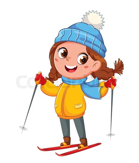 Kid skiing, cute skier girl cartoon character | Stock vector | Colourbox