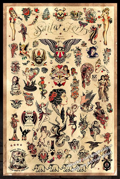 Sailor Jerry Tattoo Designs (Flash) #3 - Poster Print 24"x36" - Free Shipping in U.S. | Sailor ...