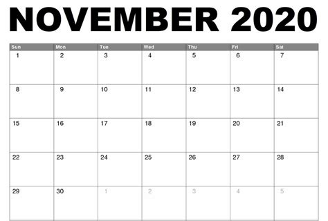 2020 Fillable November Calendar Printable Editable Template With Notes