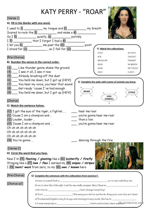 "Roar" by Katy Perry - Son…: English ESL worksheets pdf & doc