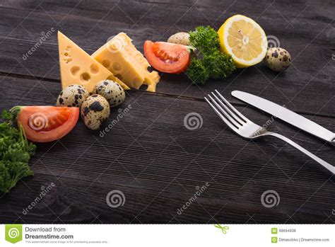 Fork and Knife with Tomato, Cheese, Eggs Stock Photo - Image of cheese ...