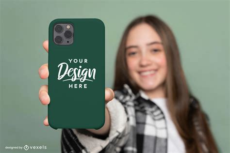 Happy Teen Girl With Phone Case Mockup PSD Editable Template