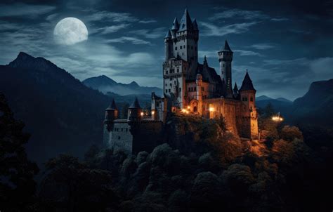 Wallpaper night, castle, rocks, dark, old, moon, view, old for mobile ...