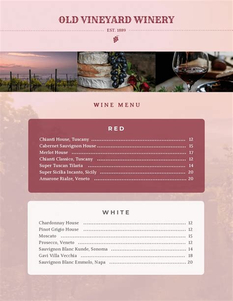 Vintage Winery Menu - Venngage