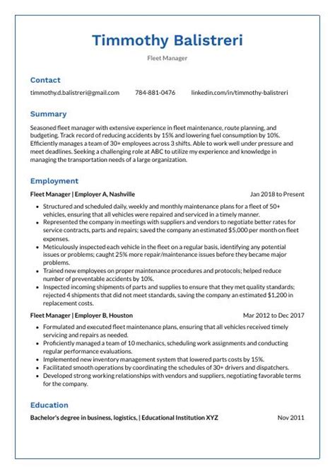 Fleet Manager Resume (CV) Example and Writing Guide