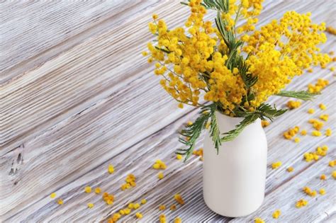 Premium Photo | Vase with mimosa on old wooden. bunch of yellow fluffy flowers acacia in white ...