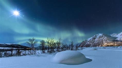 nature, Landscape, Norway, Mountains, Night, Winter, Snow, Moon, Moonlight, Trees, Stars, Hills ...