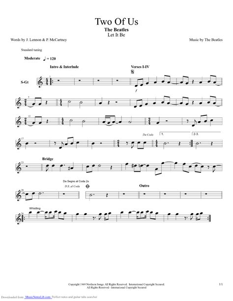 Two Of Us guitar pro tab by Beatles @ musicnoteslib.com