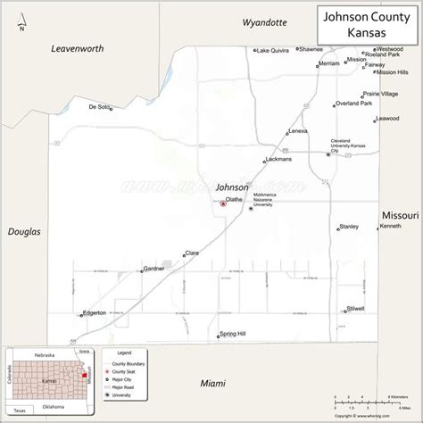 Map of Johnson County, Kansas showing cities, highways & important ...