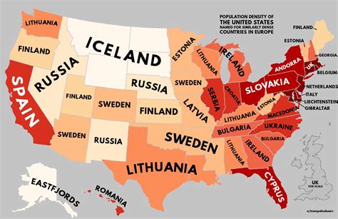 Population density of US with European equivalents [OC] [1513 x 983] : r/MapPorn