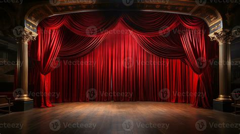 Dramatically Lit Lustrous Red Velvet Theatre Curtains and Wooden Stage Floor. Generative AI ...