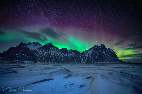 Northern Lights over Vestrahorn Mountain from Stokksnes, Iceland