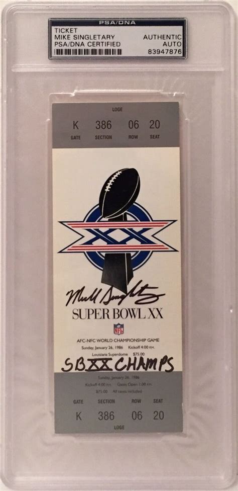 Mike Singletary Autographed Signed Replica Super Bowl Xx Ticket Football Sb Xx Champs PSA