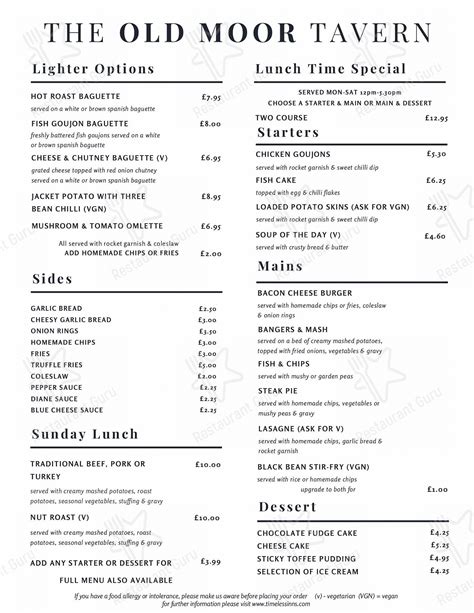 Menu at Old Moor Tavern pub & bar, Barnsley