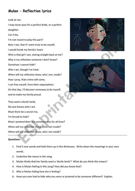 Mulan ´Reflection´ song worksheet - ESL worksheet by mishwieland