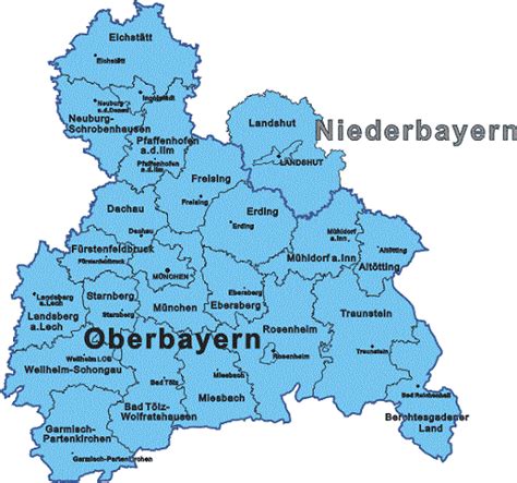 Bezirk Oberbayern | Landkreise - kreisfreie Stadt - Karte