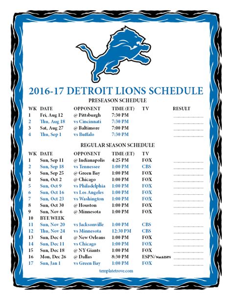 Detroit Lions Schedule Printable 2023