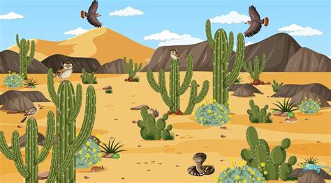 bosque desértico en la escena diurna con animales y plantas del desierto 3096610 Vector en Vecteezy