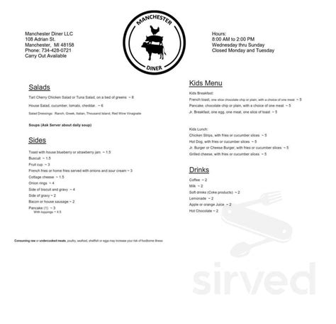 Manchester Diner menus in Manchester, Michigan, United States