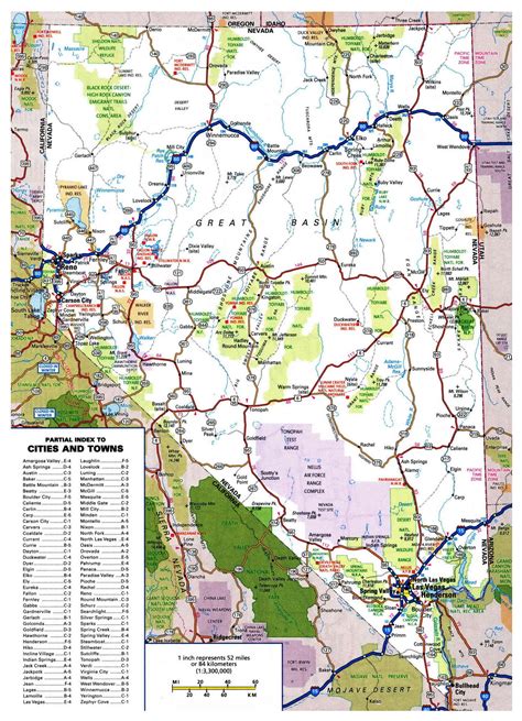 Laminated Map - Large detailed roads and highways map of Nevada state with all cities and ...