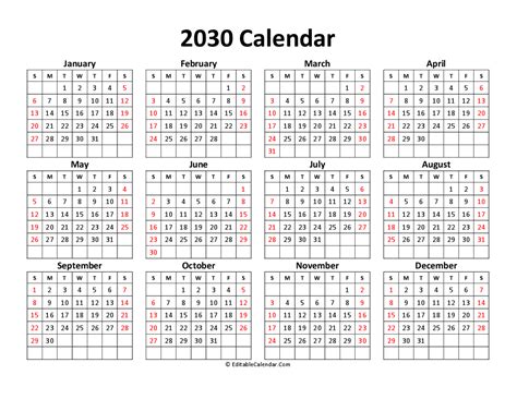 Printable Free Calendar 2030