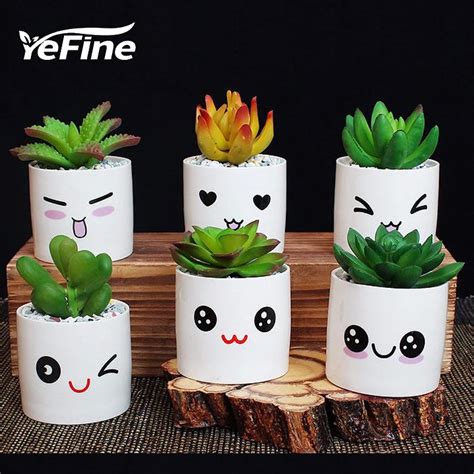 YeFine Ceramic Small Decorative Flower Pots Lovely Mini Fleshy Flowers ...