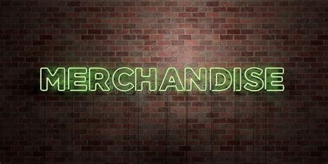 MERCHANDISE - Fluorescent Neon Tube Sign on Brickwork - Front View - 3D Rendered Royalty Free ...