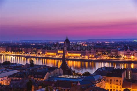 Panoramic Cityscape of Hungarian Parliament Building on the Danube River. Colorful Sunrise in ...