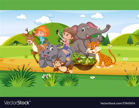 Zoo scene with many kids playing animals Vector Image