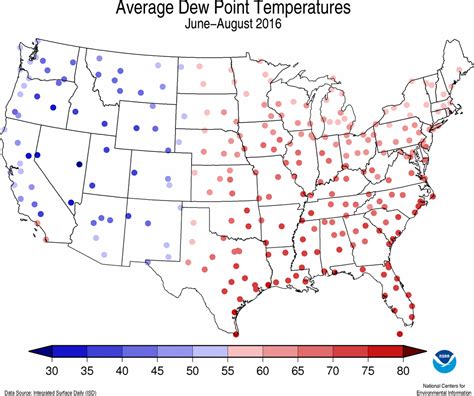 Summer dew point map for 2016 (humidity, United States, South, winter ...